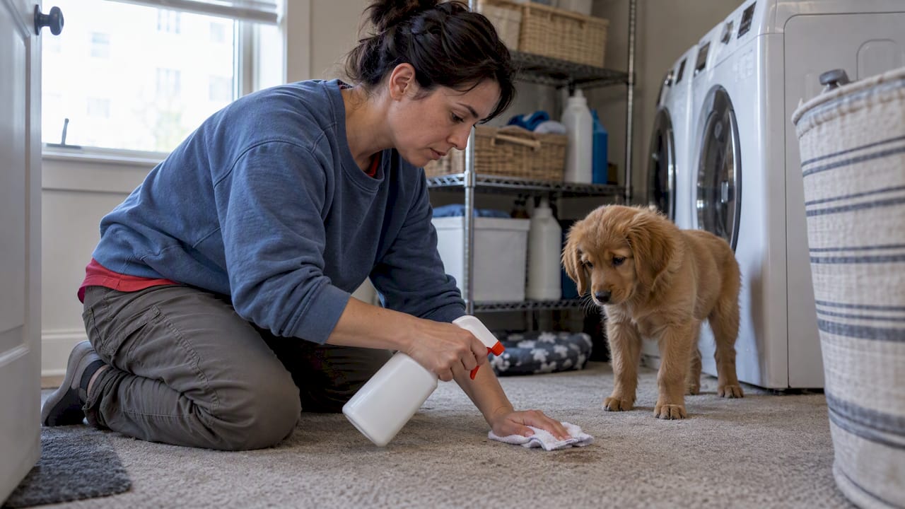 Enzymatic cleaner treating a puppy accident