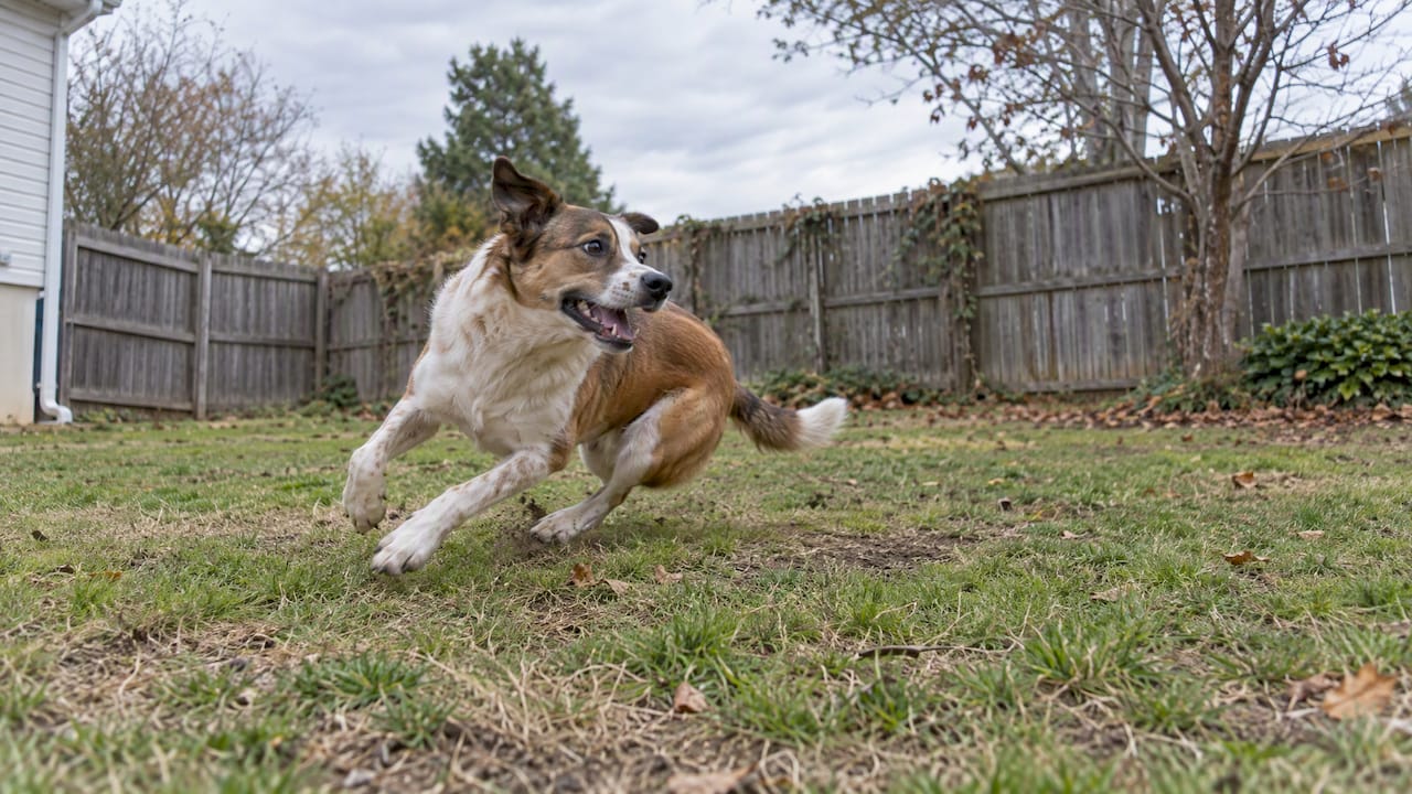 Dog performing playful backyard zoomies
